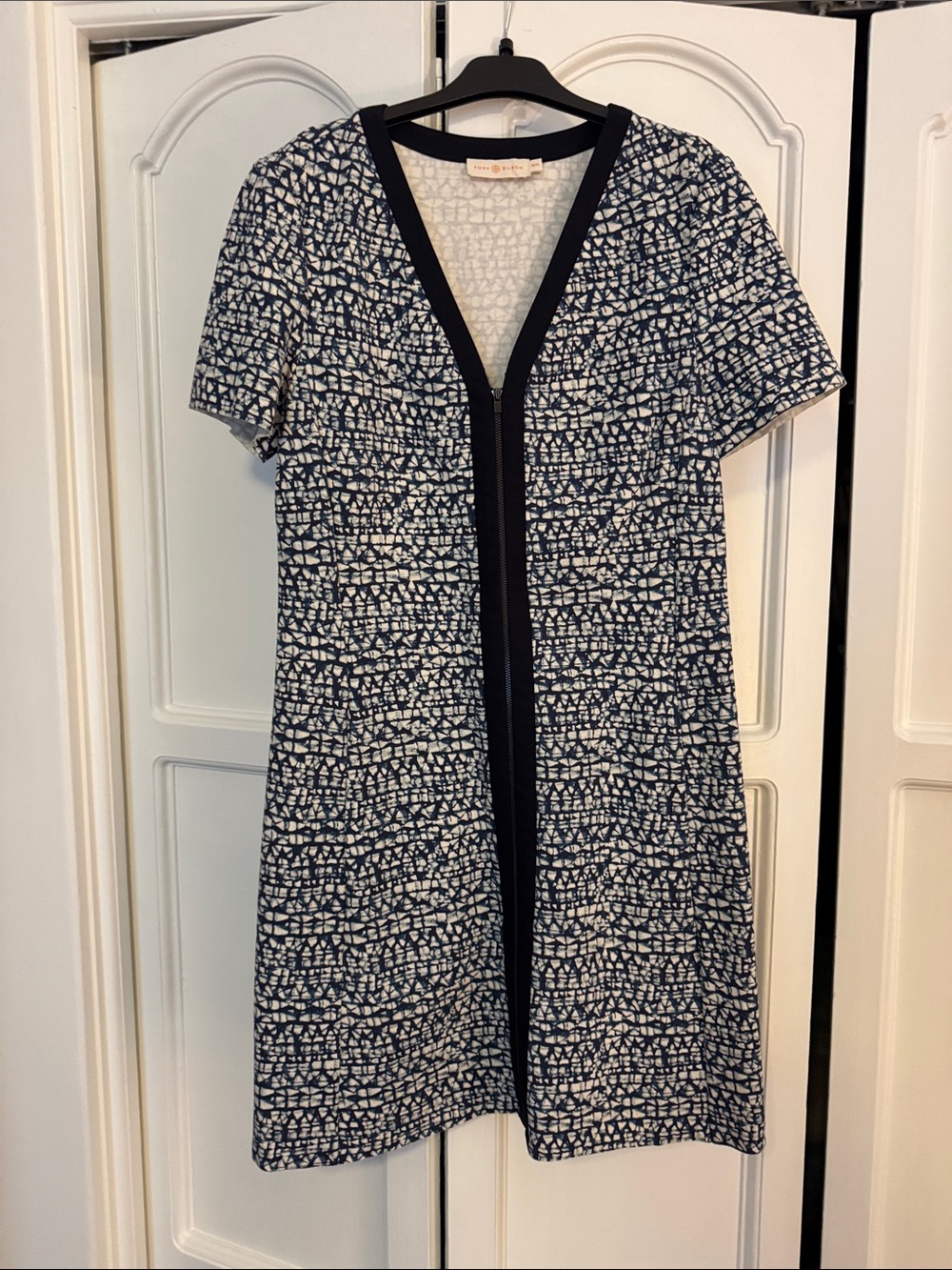 Tory Burch Navy and White V-Neck Short Dress